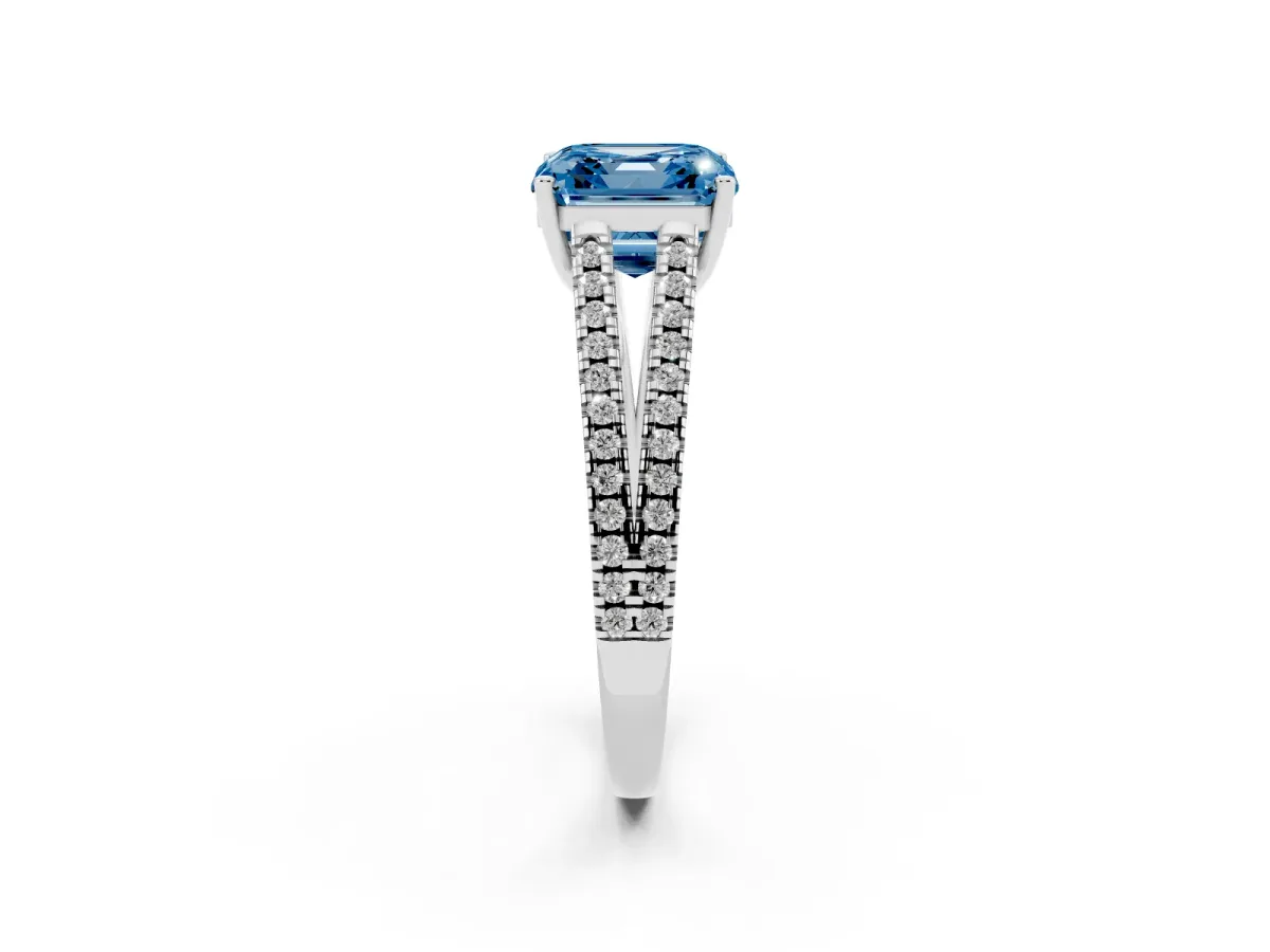 Fancy Blue Asscher Cut Diamond Solitaire Engagement Ring with Split Shank Pavé Band Platinum