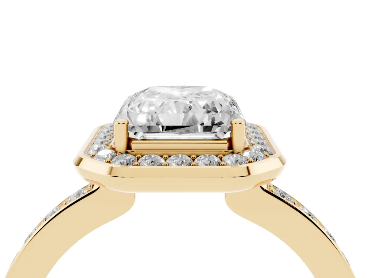Radiant Cut Diamond Halo Ring with Bezel Frame and Pavé Band Yellow gold