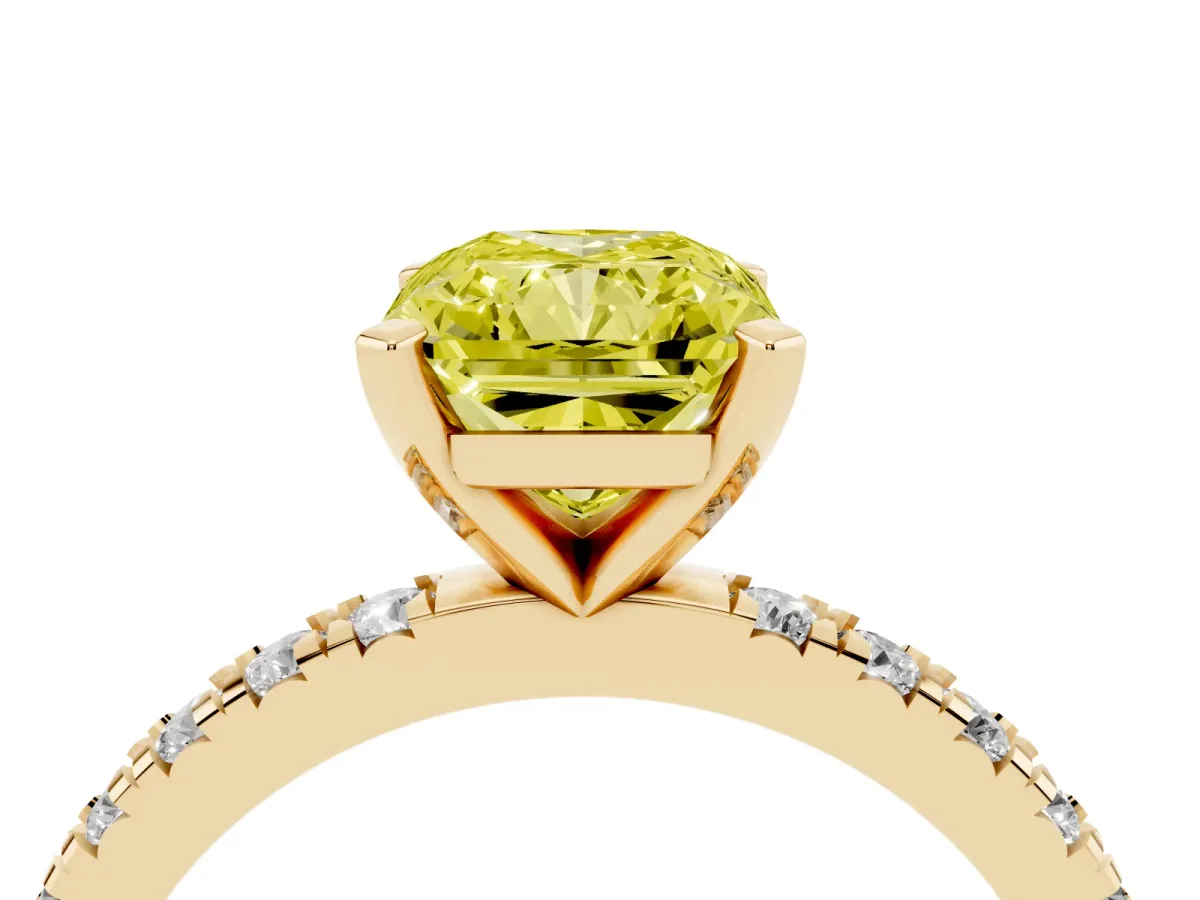 Fancy Yellow Radiant Cut Diamond Pavé Band Solitaire with Four-Prong Setting Yellow gold