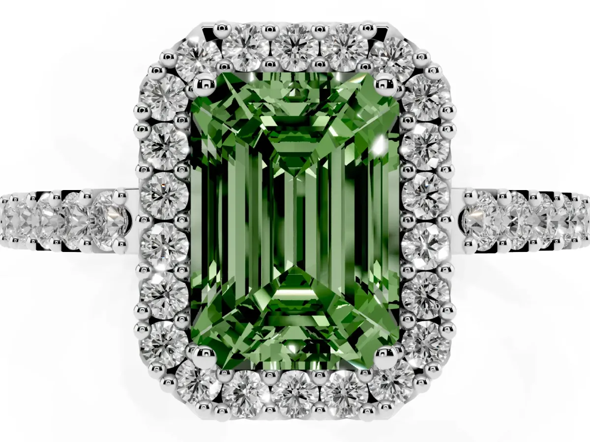 Fancy Green Emerald Cut Halo Diamond Pavé Solitaire Ring Silver