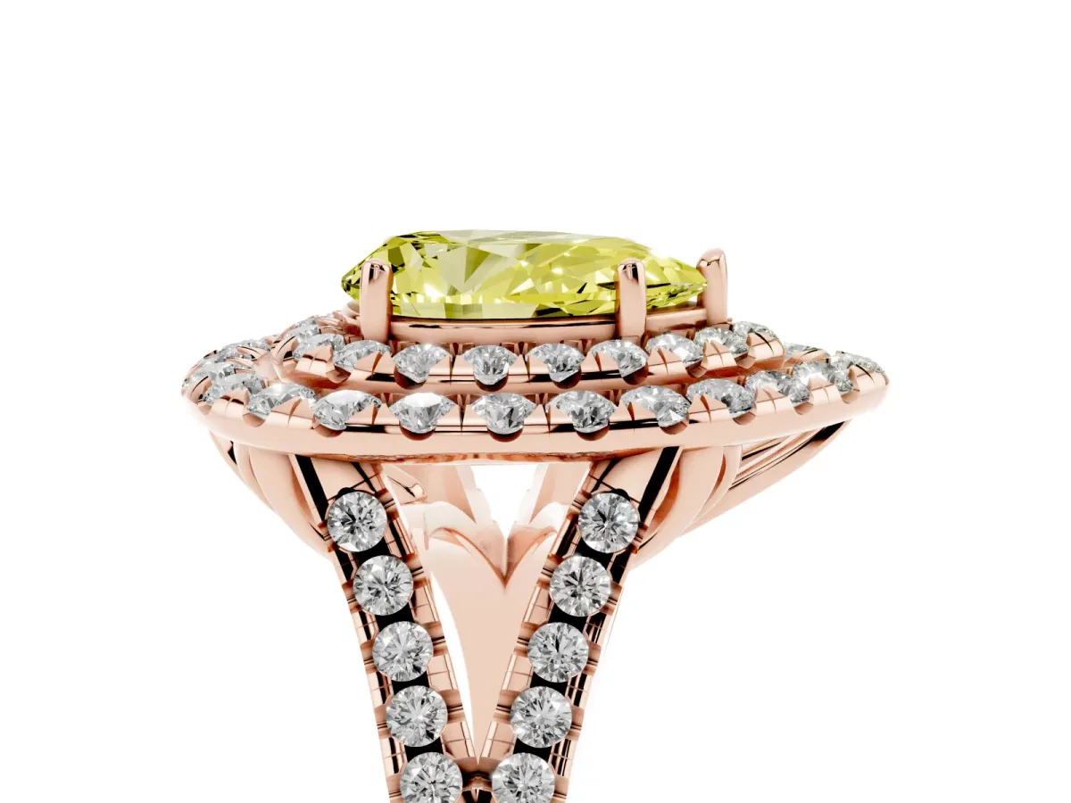 Fancy Yellow Double Halo Pear Cut Diamond Pavé Split Shank Ring with Prong Setting Rose gold