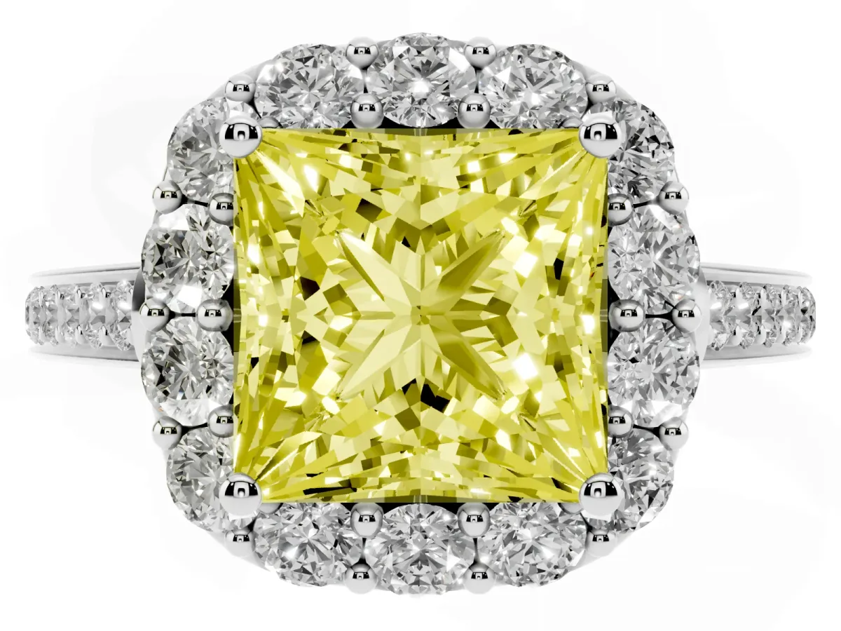 Fancy Yellow Princess Cut Diamond Floral Halo Ring with Pavé Band and Prong Setting White gold
