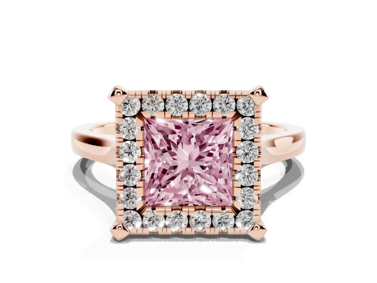 Fancy Pink Princess Cut Diamond Cluster Halo Solitaire with Four-Prong Setting Rose gold