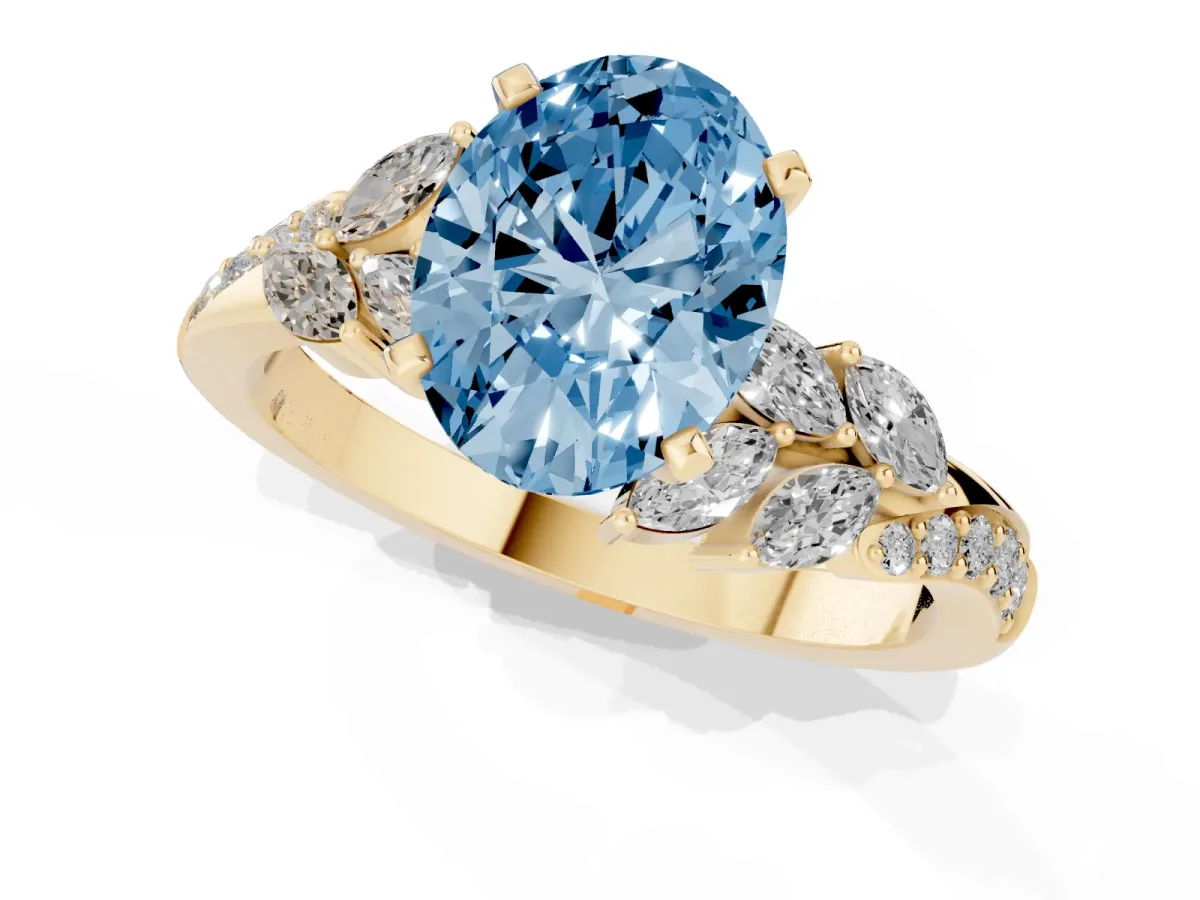 Fancy Blue Oval Cut Solitaire Marquise Twist Band with Six-Prong Setting Yellow gold