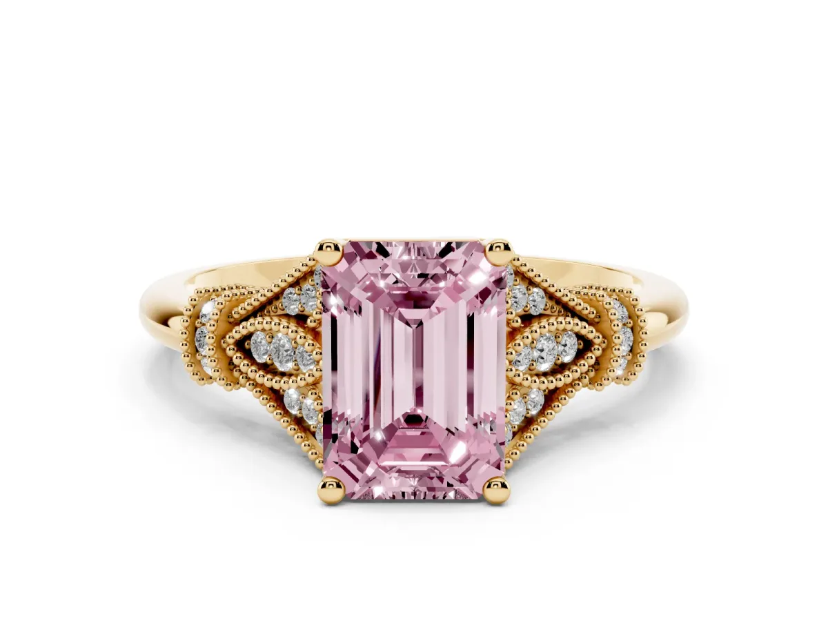 Fancy Pink Emerald Cut Diamond Solitaire Ring with Floral Filigree and Pave Accents Yellow gold