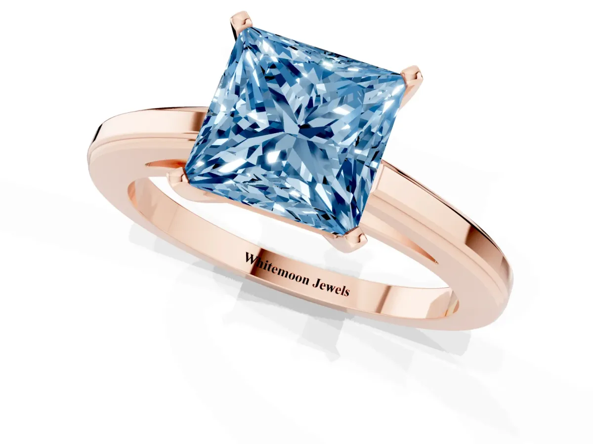 Fancy Blue Princess Cut Solitaire Diamond Ring with Four-Prong Setting and Classic Band Rose gold
