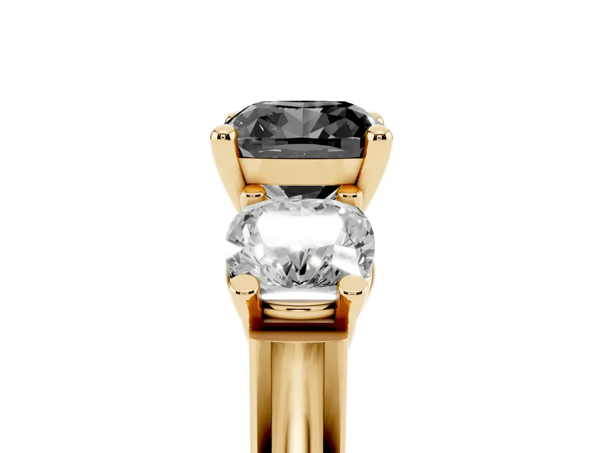 Fancy Black Three-Stone Cushion Cut Brilliant Diamond Trellis Ring with Comfort Fit Band Yellow gold