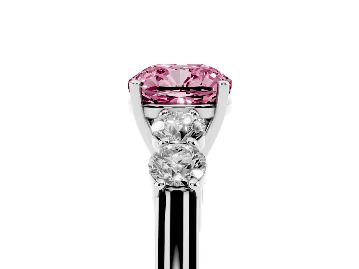 Fancy Pink Cushion Cut Cut Diamond Five-Stone Prong Set White Gold Ring Silver