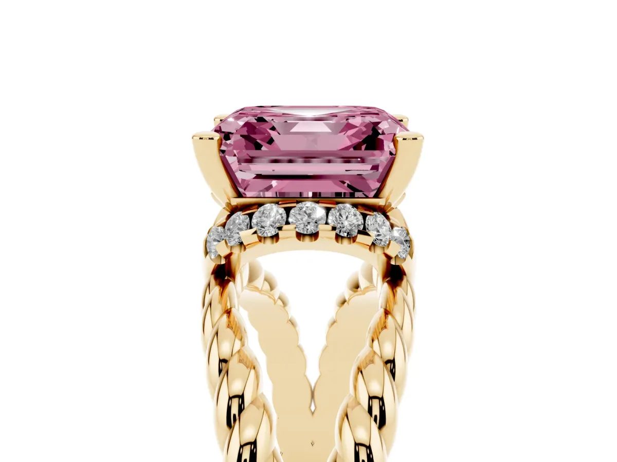 Fancy Pink Asscher Cut Halo Twisted Band Four-Prong Ring Yellow gold