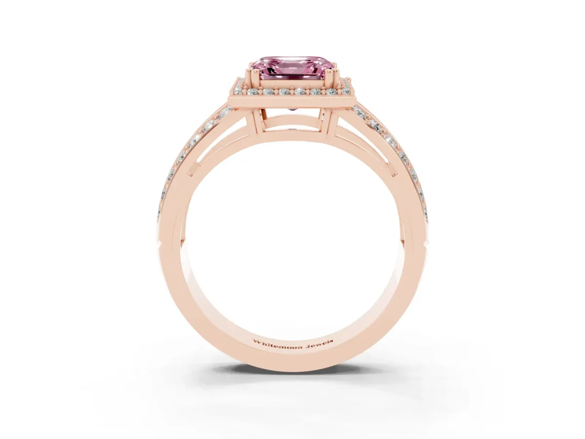 Fancy Pink Asscher Cut Diamond Halo Ring with Split Shank Pavé Band and Four-Prong Setting Rose gold