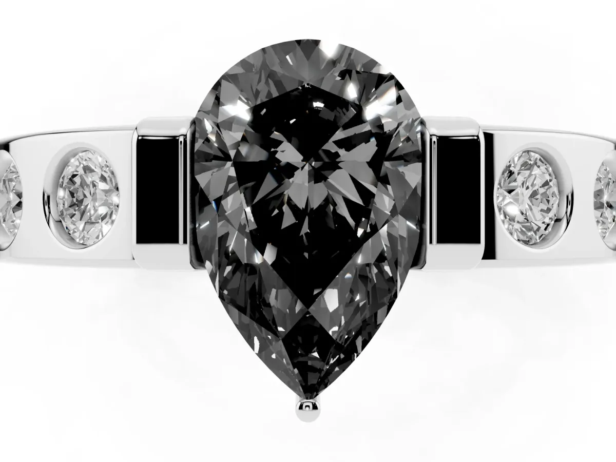 Fancy Black Pear Cut Brilliant Channel-Set Diamond Ring with Bezel Prong Setting Platinum