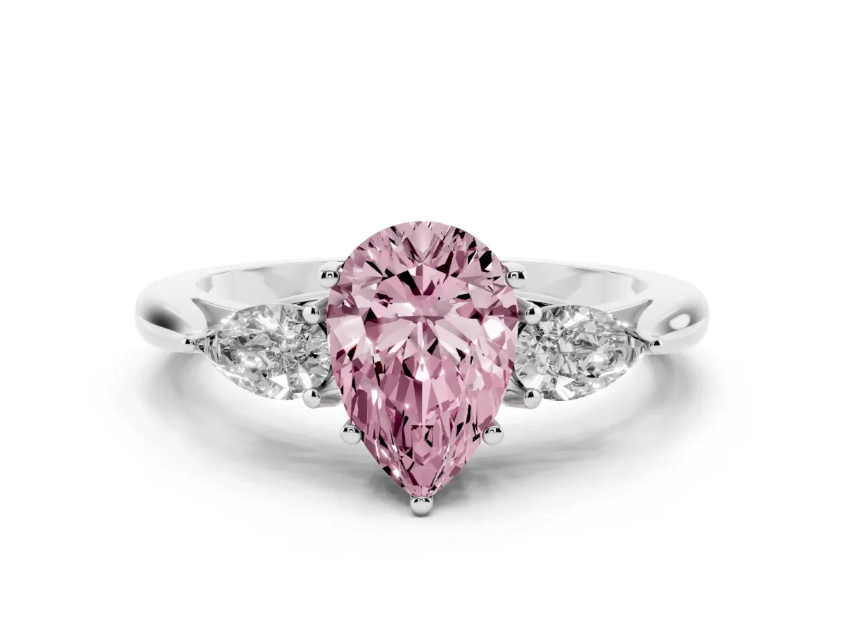 Fancy Pink Pear Cut Diamond Three-Stone Ring with Pear Side Stones and Prong Setting Silver