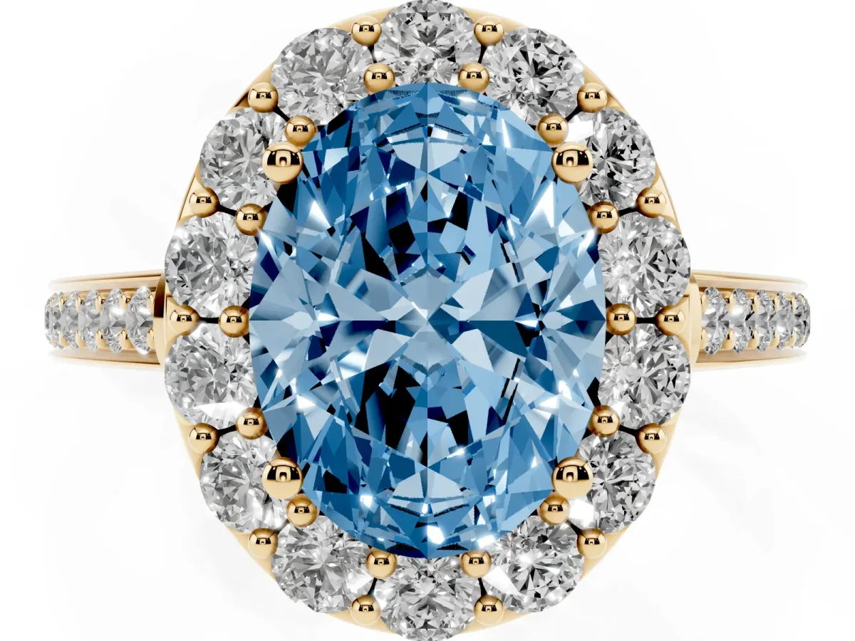 Fancy Blue Oval Cut Diamond Floral Halo Ring with Pavé Band and Prong Setting Yellow gold
