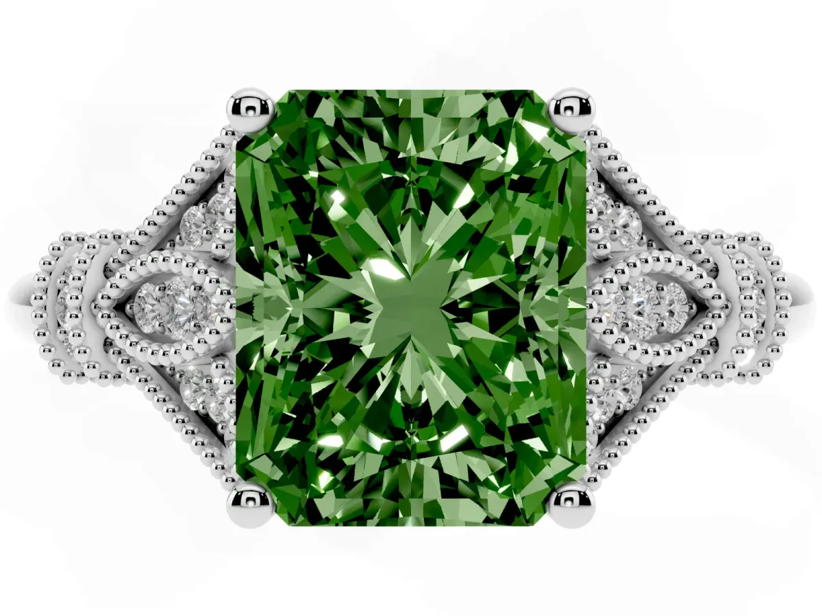 Fancy Green Radiant Cut Diamond Solitaire Ring with Floral Filigree and Pave Accents Platinum