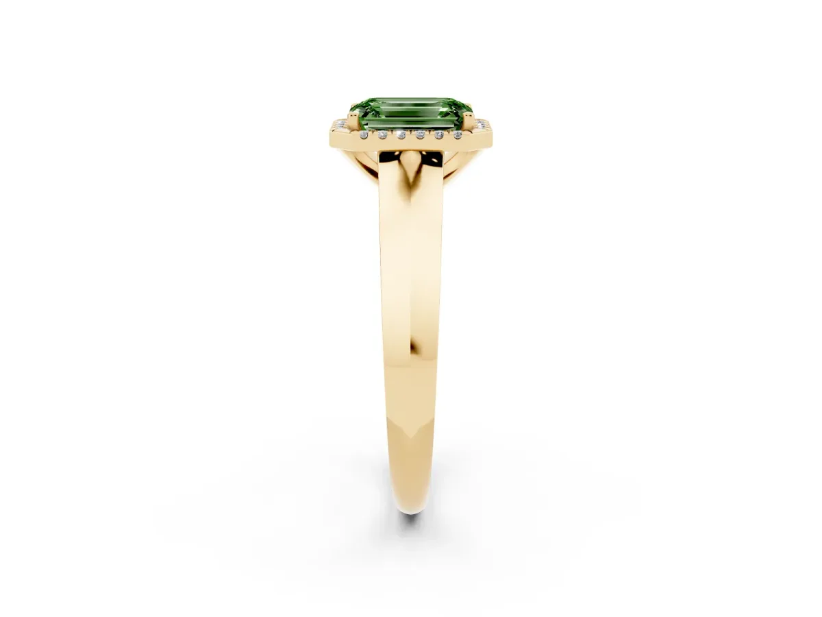 Fancy Green Emerald Cut Halo Diamond Ring with Cathedral Band and Four-Prong Setting Yellow gold