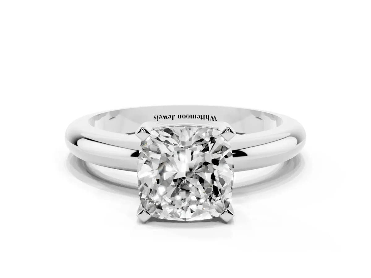 Cushion Cut Diamond Solitaire Engagement Ring with Round Band and Four-Prong Setting Silver