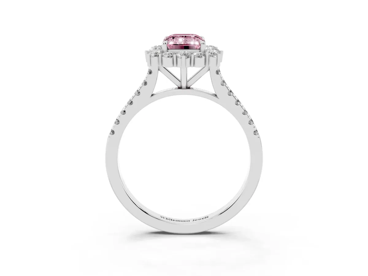 Fancy Pink Emerald Cut Halo Diamond Ring with Pavé Band and Prong Setting Silver