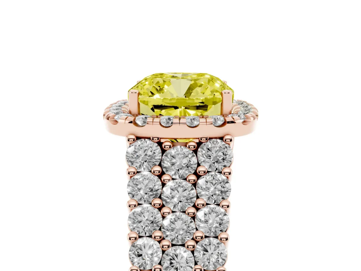 Fancy Yellow Cushion Cut Diamond Halo Engagement Ring with Triple Row Round Pavé Band and Prong Setting Rose gold