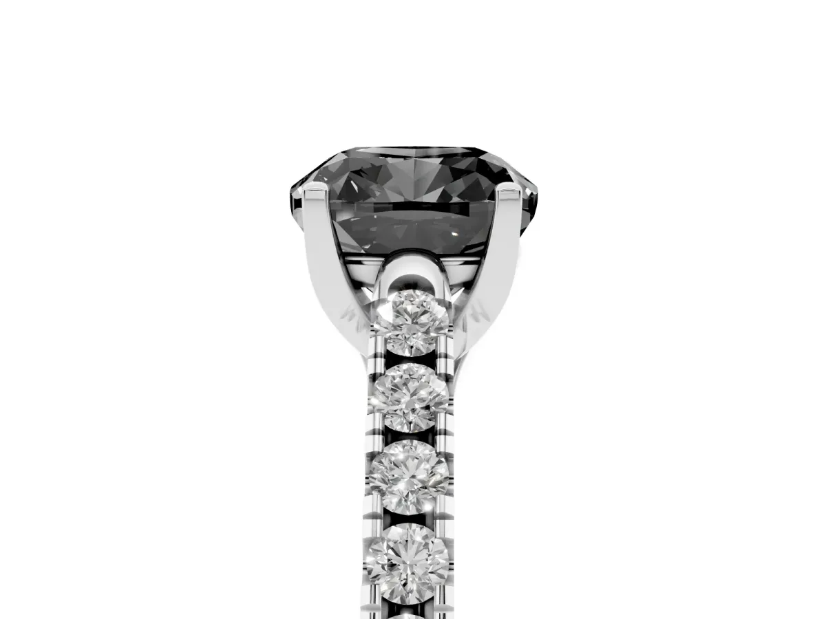 Fancy Black Cushion Cut Diamond Pavé Band Solitaire Ring with Prong Setting Silver