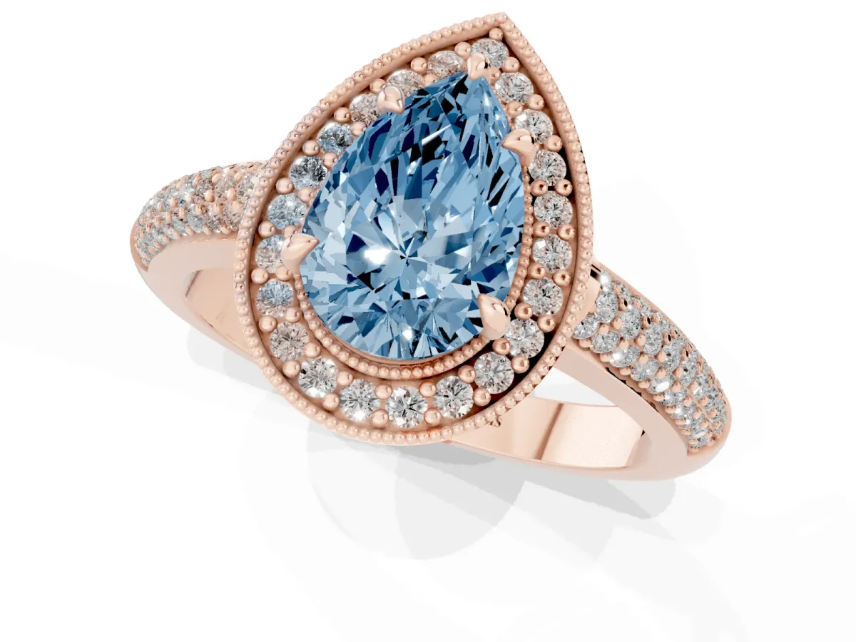 Fancy Blue Pear Cut Cut Halo Diamond Pave Band with Four-Prong Setting Rose gold