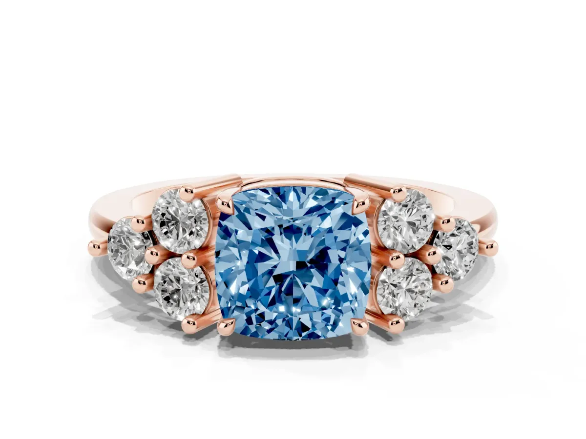 Fancy Blue Cushion Cut Brilliant Diamond Cluster Accent Solitaire Ring with Prong Setting Rose gold