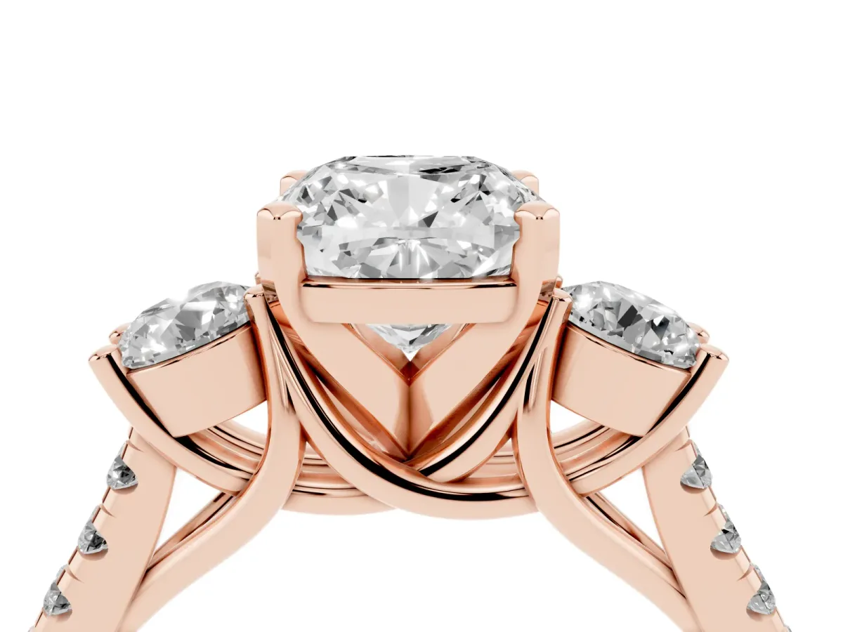 Three-Stone Cushion Cut Diamond Pavé Band with Four-Prong Setting Rose gold