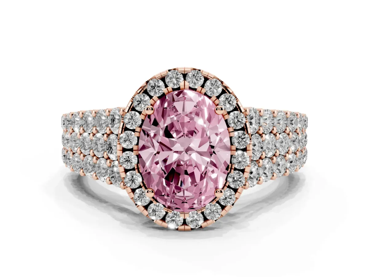 Fancy Pink Oval Cut Diamond Halo Engagement Ring with Triple Row Round Pavé Band and Prong Setting Rose gold