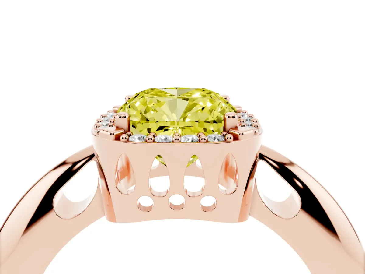 Fancy Yellow Cushion Cut Cut Diamond Halo Engagement Ring with Split Shank and Four-Prong Setting Rose gold
