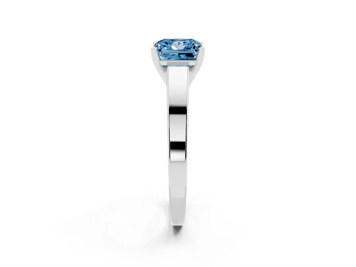 Fancy Blue Princess Cut Solitaire Engagement Ring with Four-Prong Setting and Tapered Band Platinum