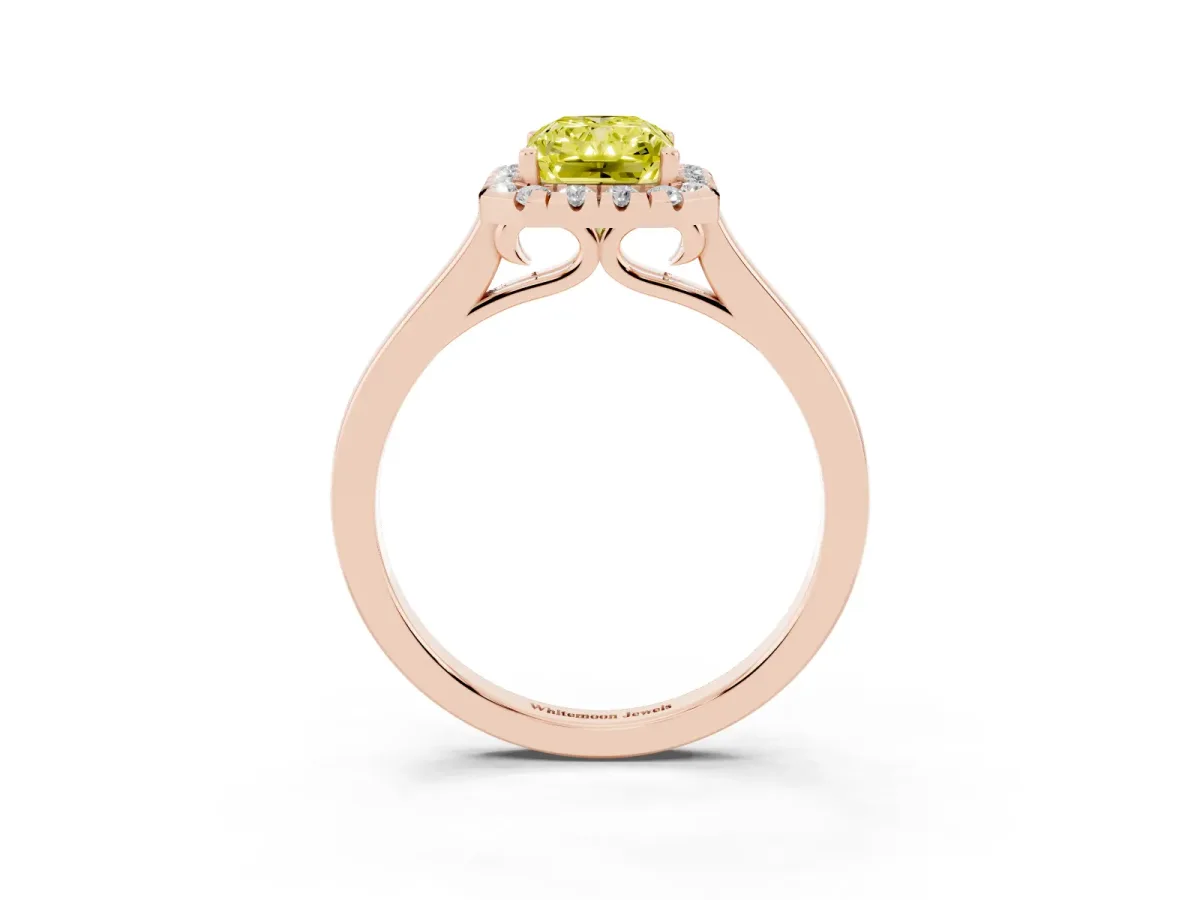 Fancy Yellow Radiant Cut Halo Round Diamond Solitaire Ring with Pavé Band and Four-Prong Setting Rose gold