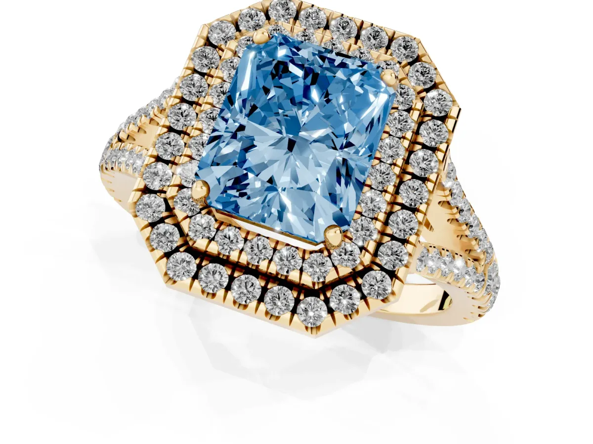 Fancy Blue Radiant Cut Diamond Double Halo Ring with Pavé Band and Prong Setting Yellow gold