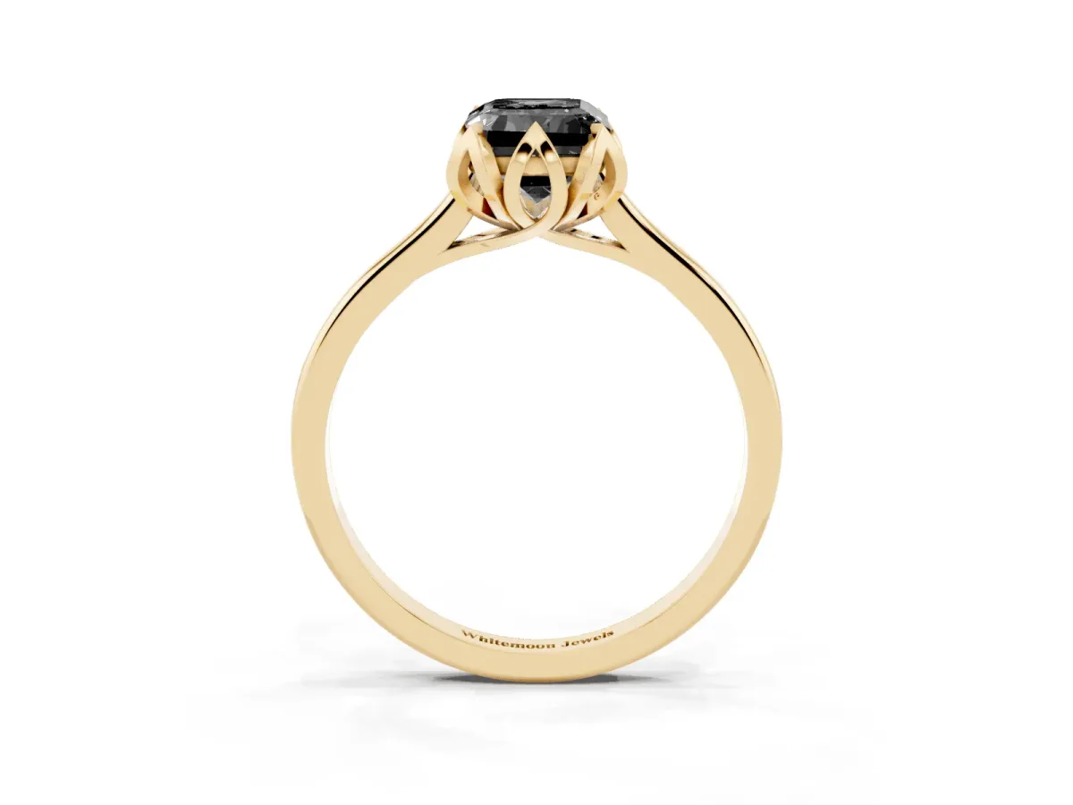 Fancy Black Emerald Cut Diamond Solitaire Ring with Flower Prong Setting and Classic Band Yellow gold