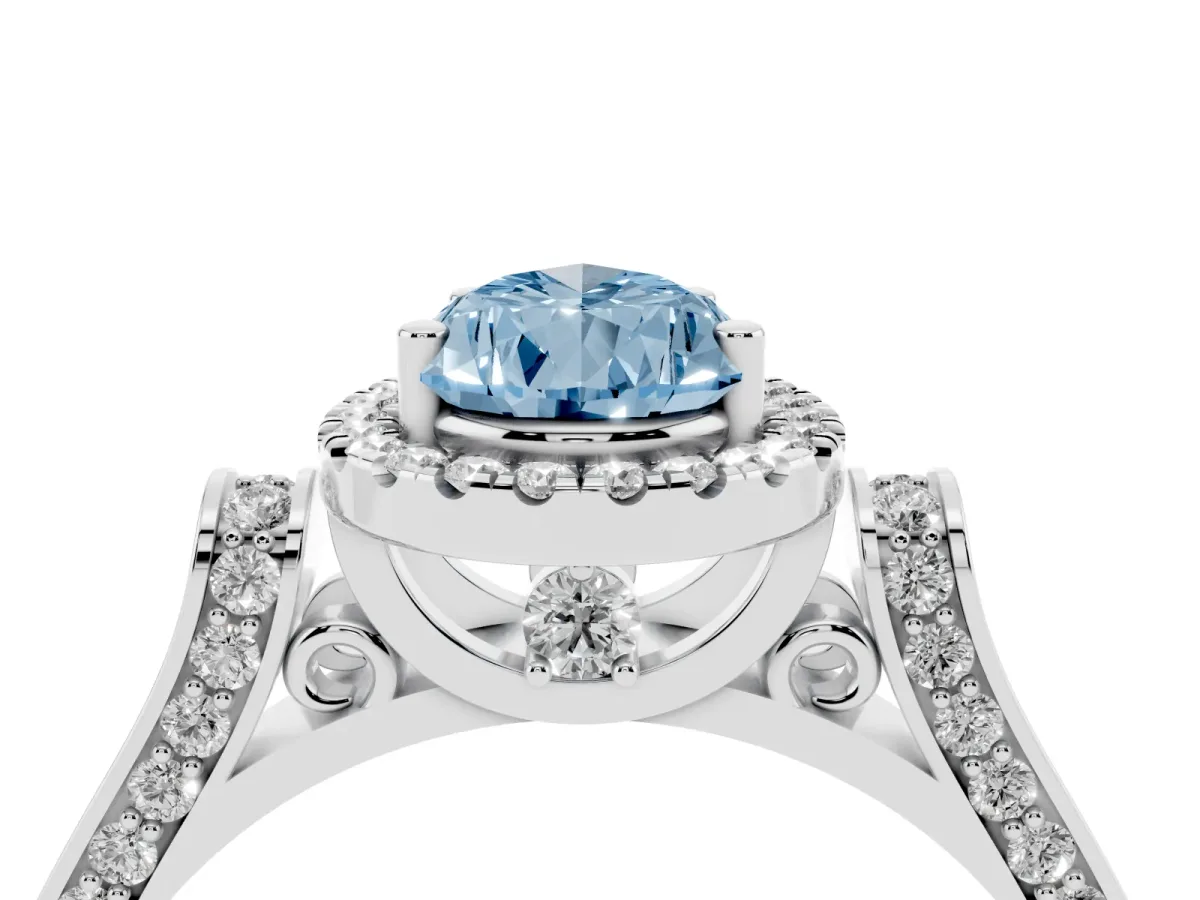 Fancy Blue Pear Cut Halo Pave Split Shank Prong Setting Ring Silver