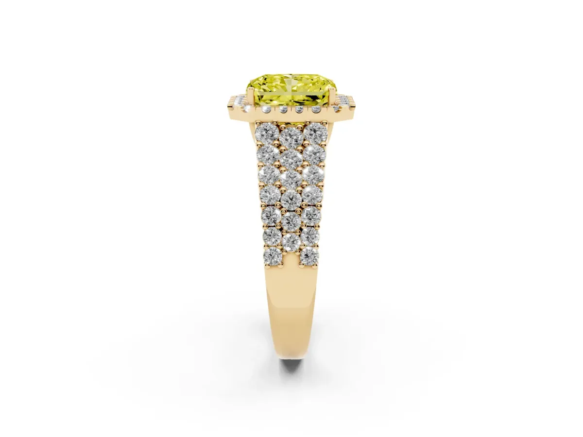 Fancy Yellow Radiant Cut Diamond Halo Engagement Ring with Triple Row Round Pavé Band and Prong Setting Yellow gold