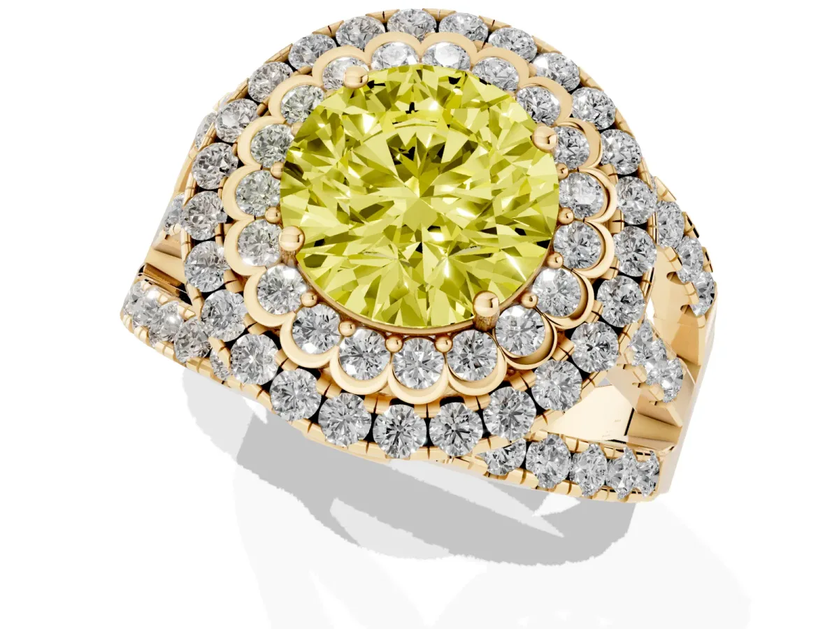 Fancy Yellow Round Cut Diamond Double Halo Ring with Round Pavé Split Shank and Prong Setting Yellow gold
