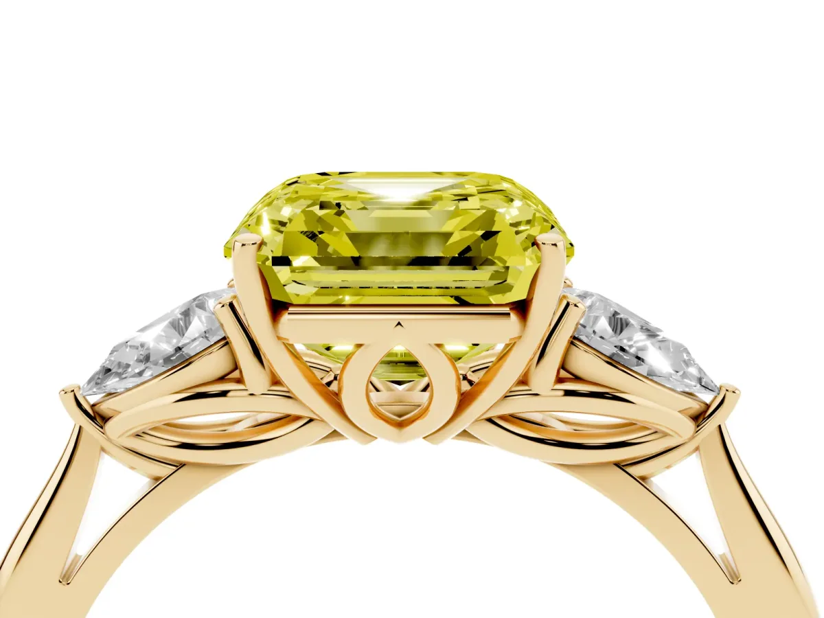 Fancy Yellow Three-Stone Asscher Cut Brilliant Diamond Solitaire Ring with Tapered Band and Four-Prong Setting Yellow gold