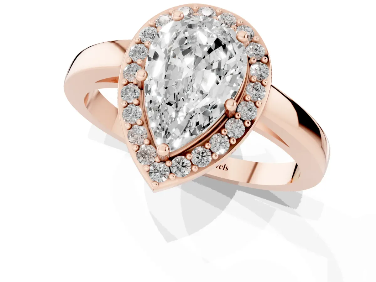 Pear Cut Halo Diamond Ring with Solitaire Band and Prong Setting Rose gold