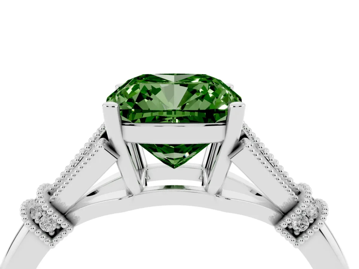 Fancy Green Cushion Cut Diamond Solitaire Ring with Floral Filigree and Pave Accents Silver
