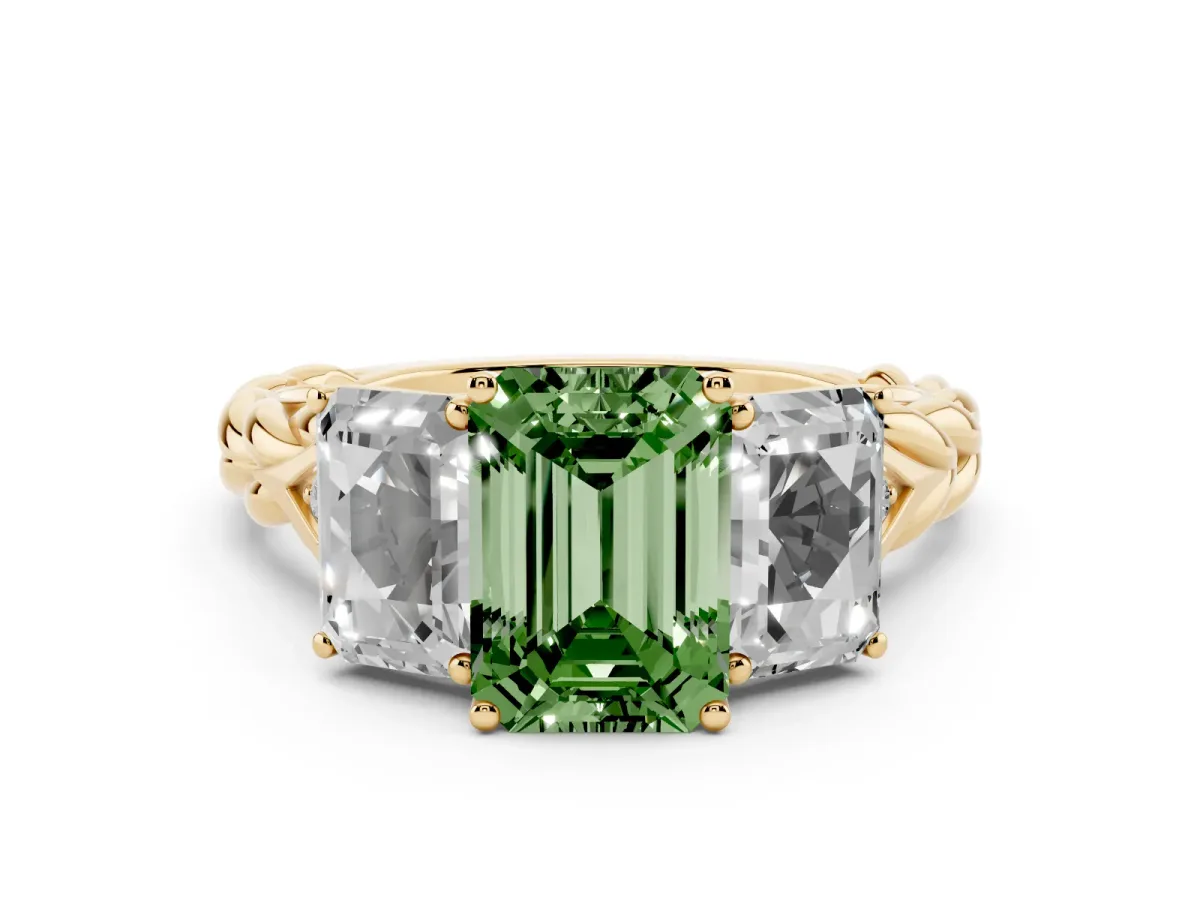 Fancy Green Three-Stone Emerald Cut Diamond Braided Band Ring with Four-Prong Setting Yellow gold