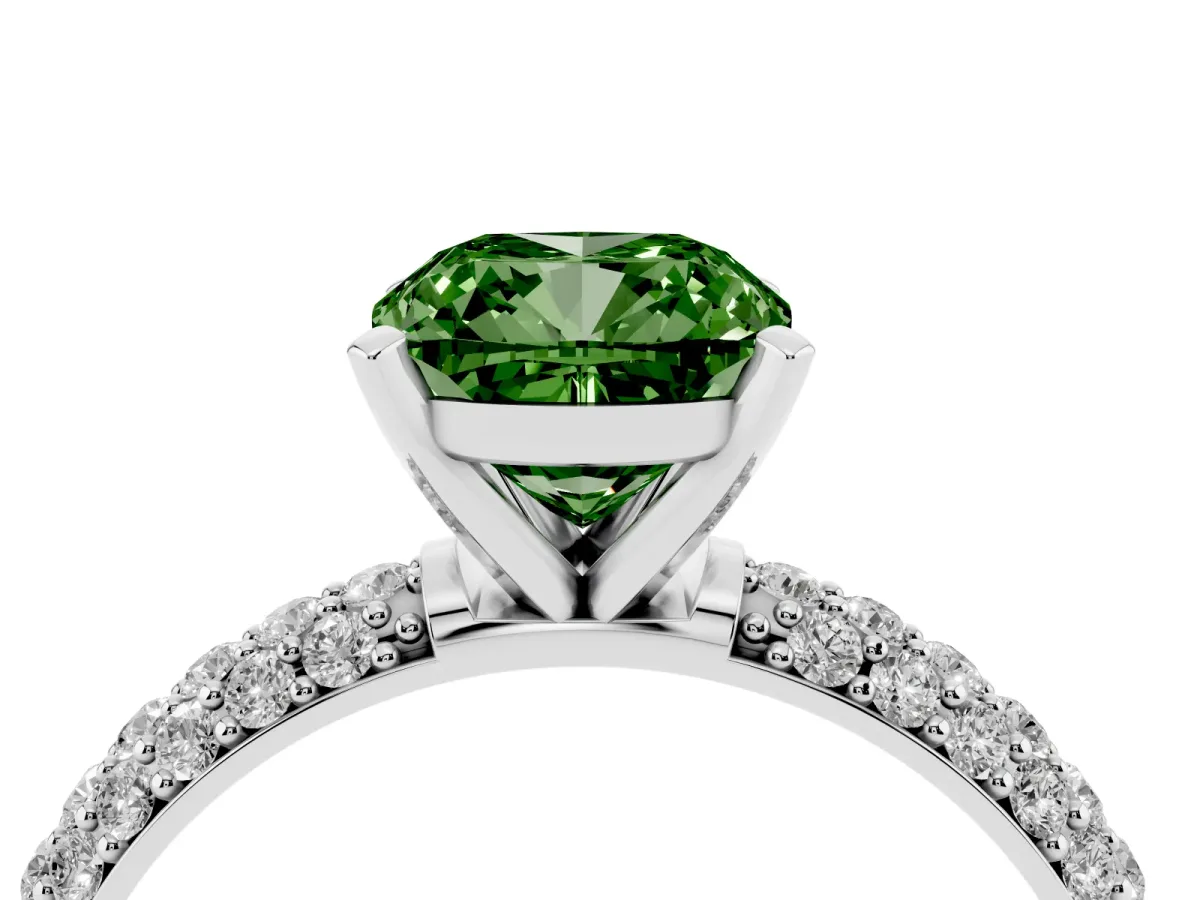 Fancy Green Cushion Cut Diamond Solitaire Ring with Prong Setting and Pavé Band Silver