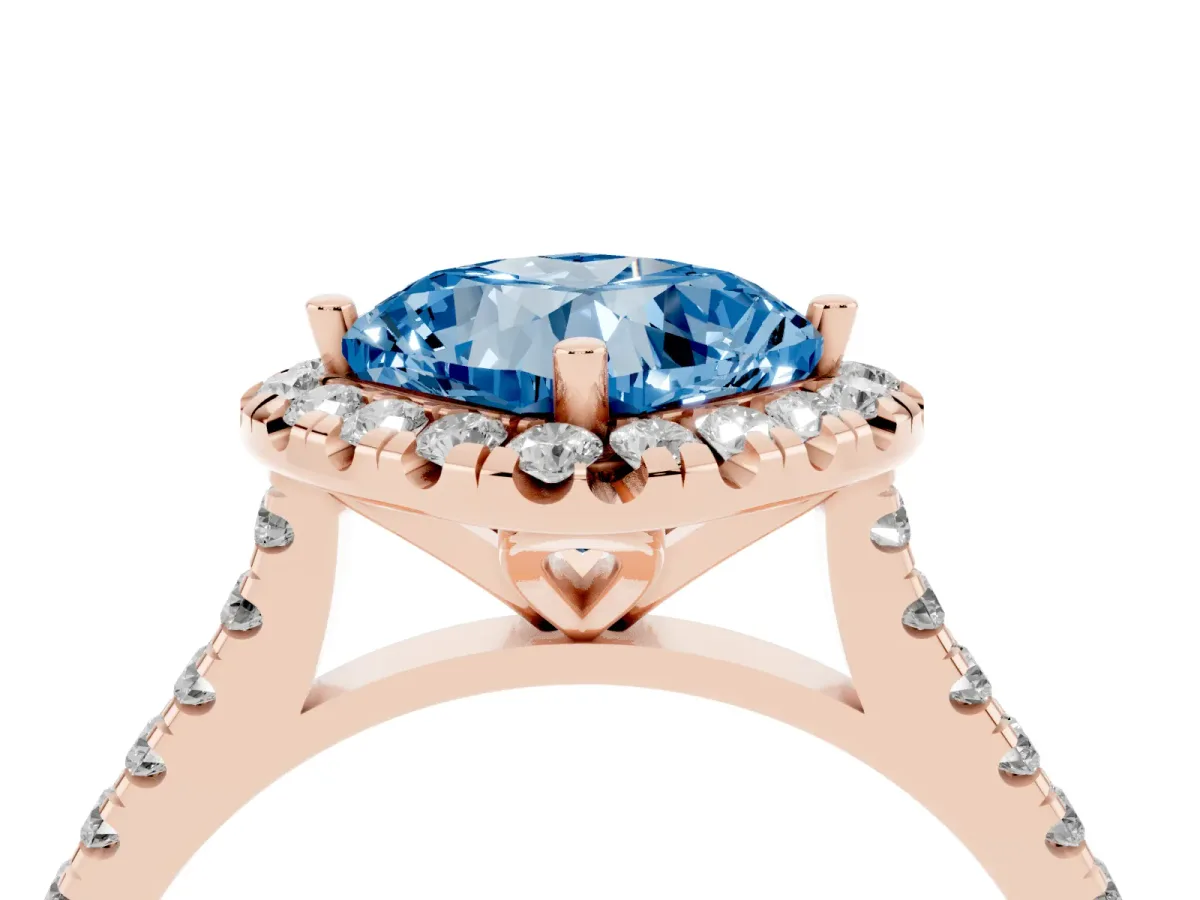 Fancy Blue Cushion Cut Diamond Cushion Halo Ring with Pavé Band Rose gold