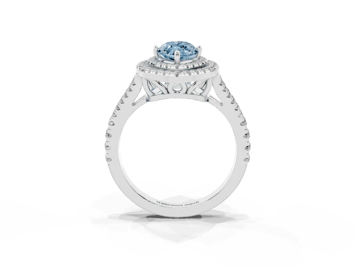 Fancy Blue Marquise Cut Diamond Double Halo Ring with Pavé Band and Prong Setting Silver
