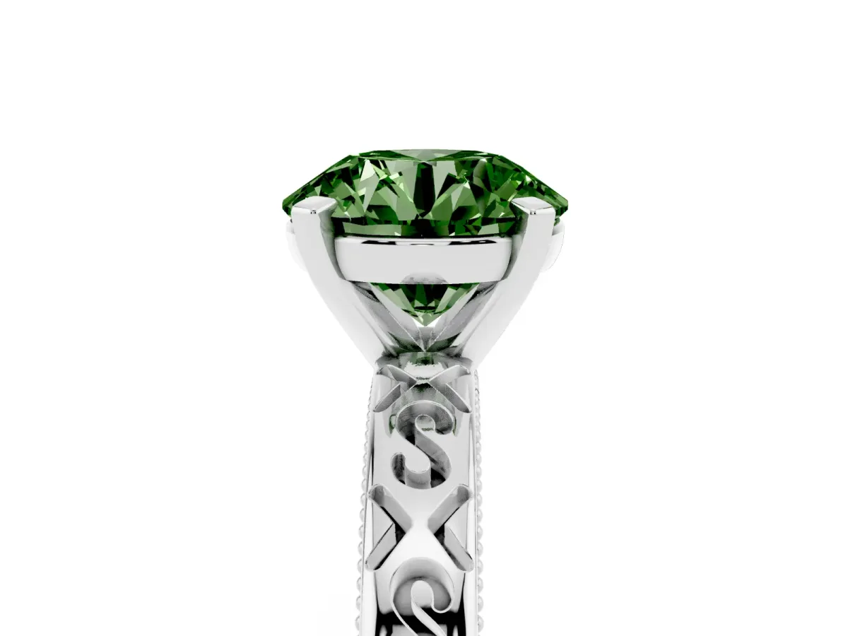 Fancy Green Round Cut Solitaire Engagement Ring with Scrollwork Band and Four-Prong Setting Silver