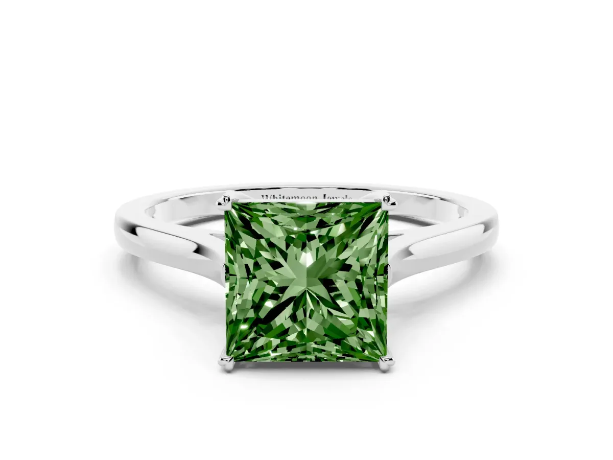 Fancy Green Princess Cut Solitaire Heart Prong Engagement Ring with Tapered Band Platinum