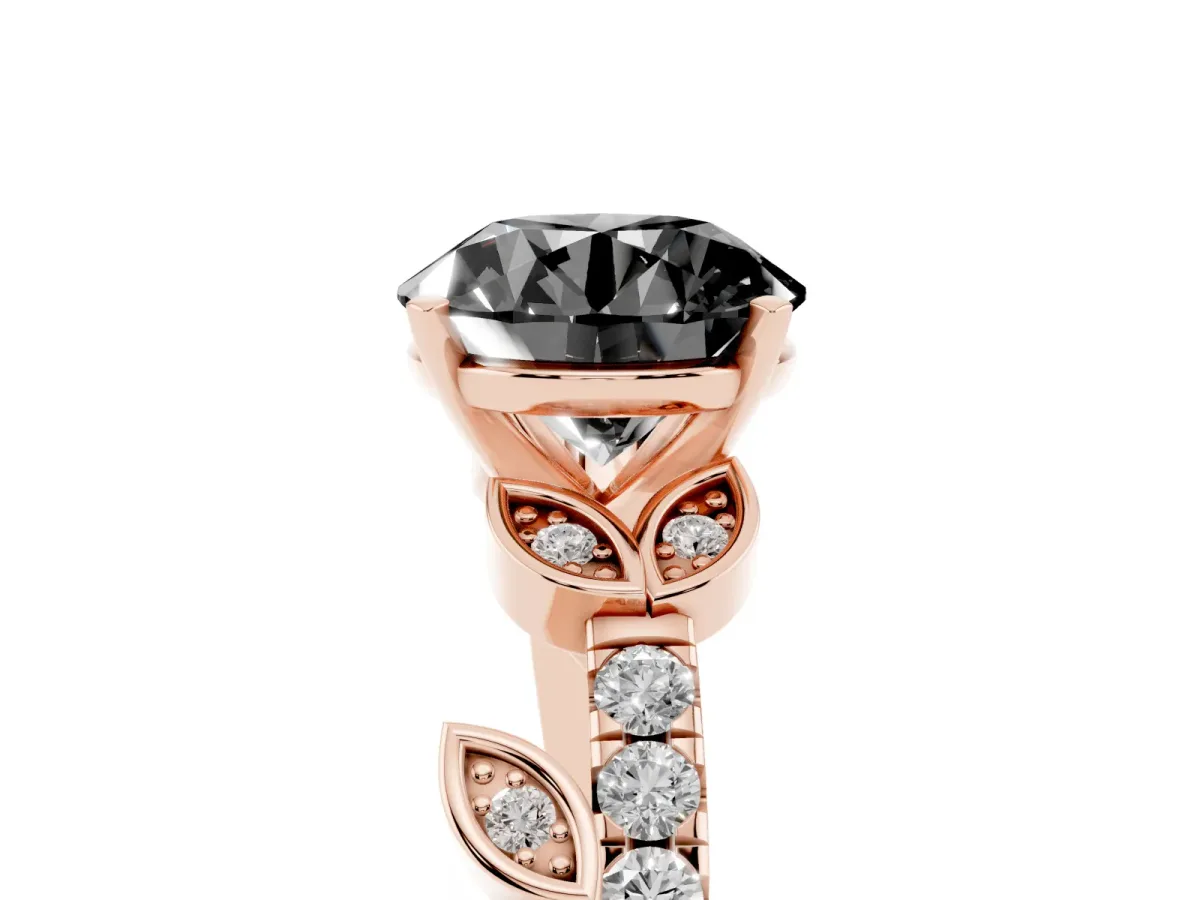 Fancy Black Round Cut Solitaire Leaf-Inspired Diamond Ring with Pavé Band and Four-Prong Setting Rose gold