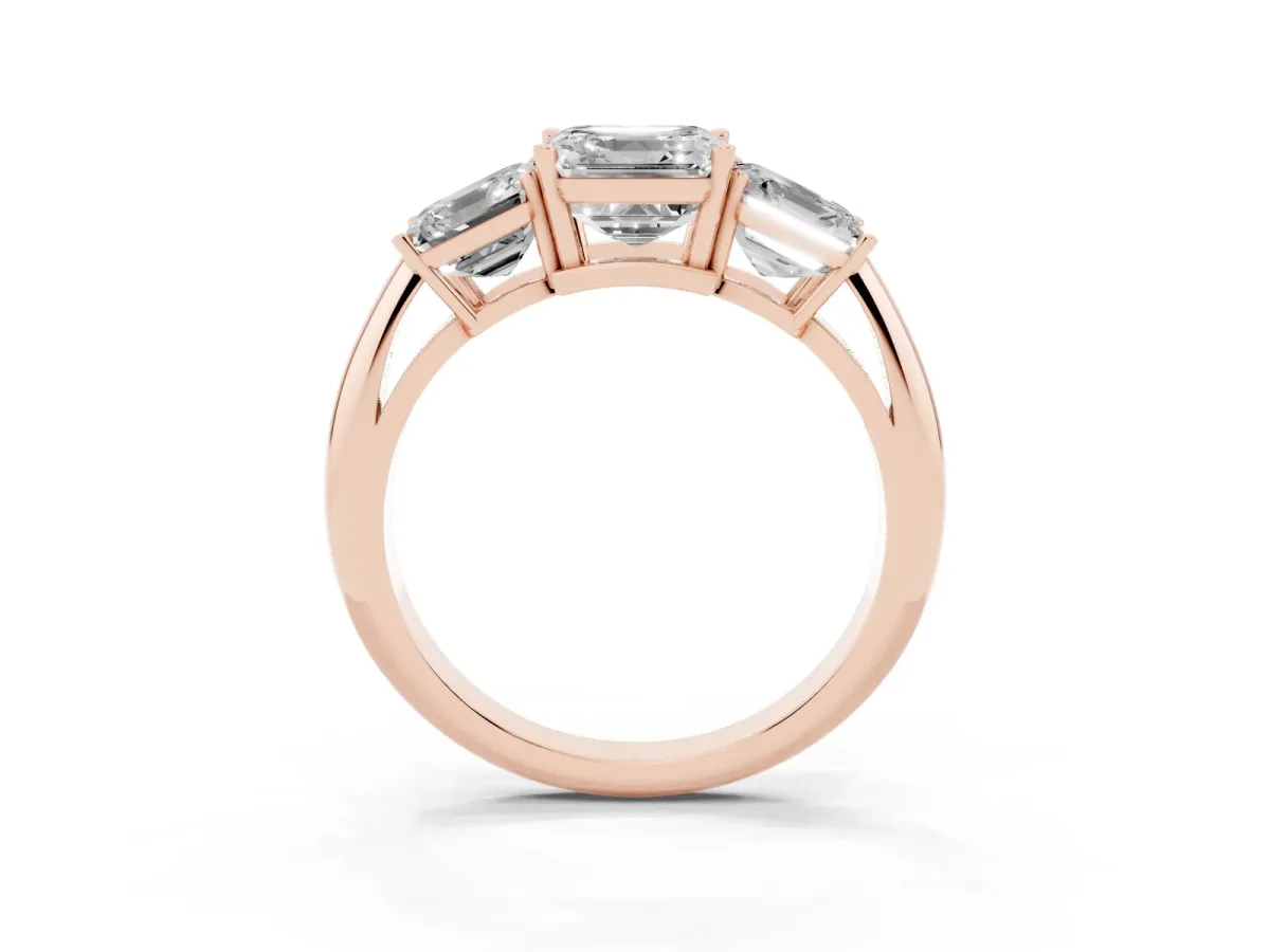 Three-Stone Asscher Cut Cut Diamond Engagement Ring with Prong Setting on a White Gold Band Rose gold