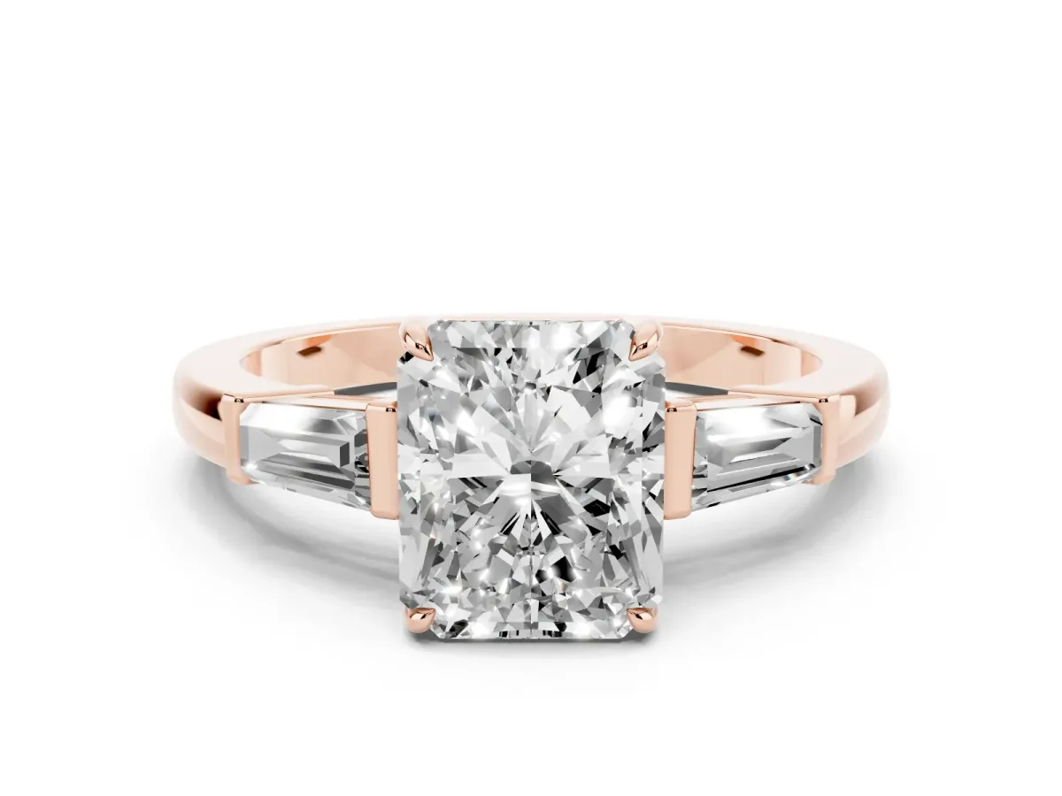 Radiant Cut Diamond Three-Stone Ring with Tapered Baguette Side Stones and Prong Setting Rose gold
