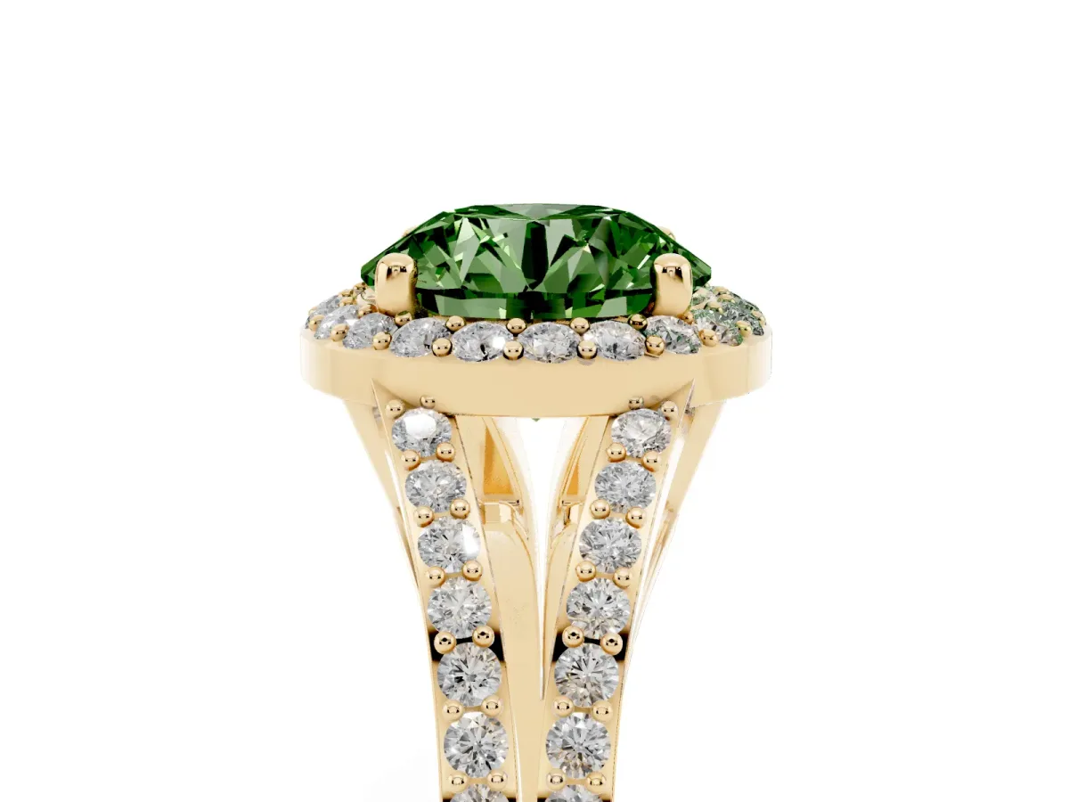 Fancy Green Round Cut Halo Split Shank Diamond Ring with Prong Setting Yellow gold