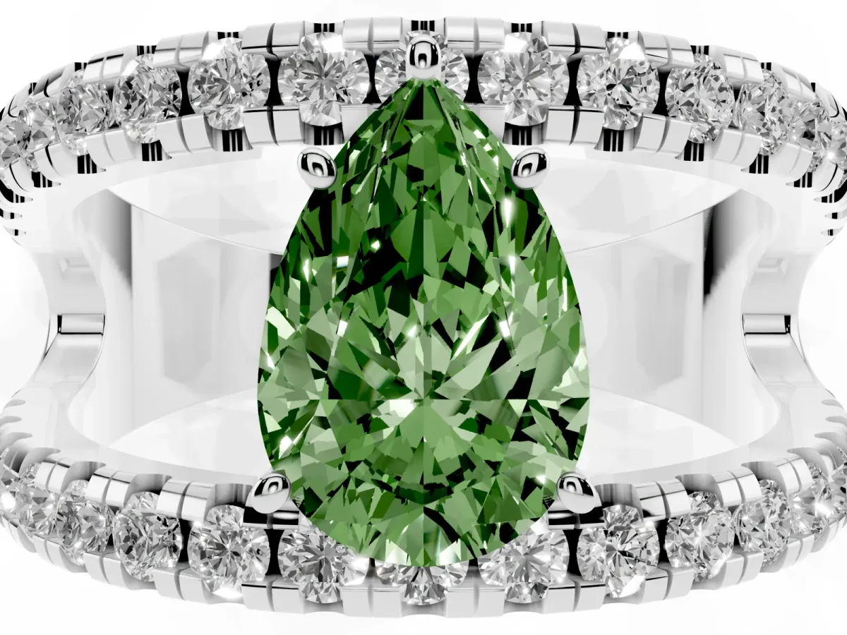 Fancy Green Pear Cut Solitaire Split Shank Pave Diamond Ring Silver
