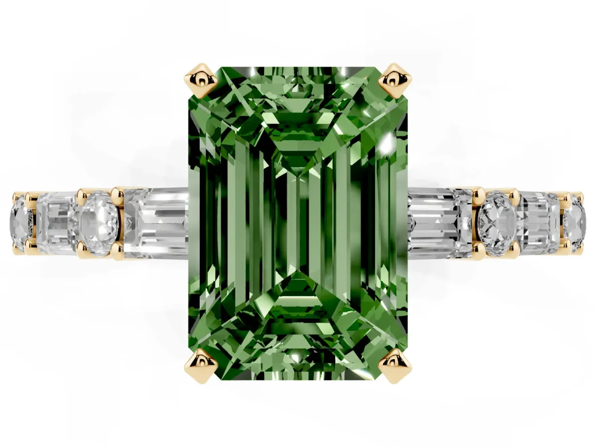Fancy Green Emerald Cut Diamond Solitaire with Side Baguettes and Channel Set Band Yellow gold